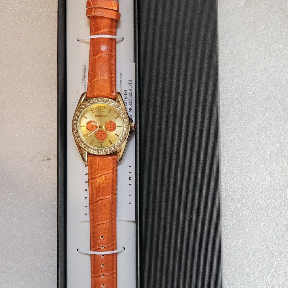 Manhattan Watch By Croton Genuine Leather Orange Ladies Watch